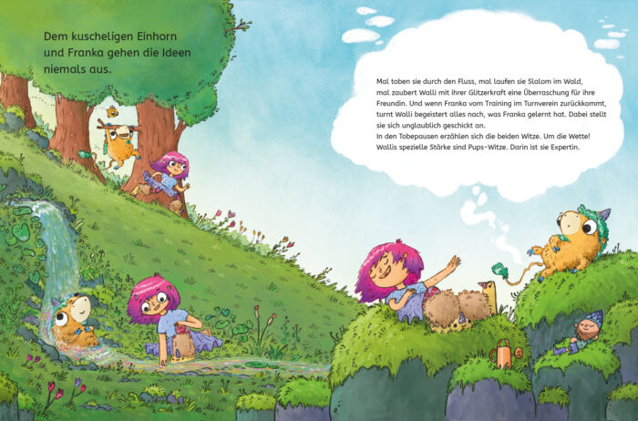 Innenseite aus dem Buch "Walli und der Wirbelwind": Franka und Walli spielen an einem Bach.