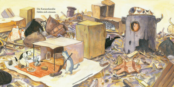 Innenseite aus dem Buch "Als die Katzen die Insel verließen": eine reinliche Katzenfamilie haust inmitten von Müll.