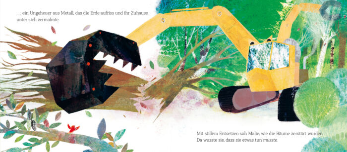 Innenseite aus dem Buch "Malie - Jede Stimme ist wichtig": ein Bagger fällt einen Baum.
