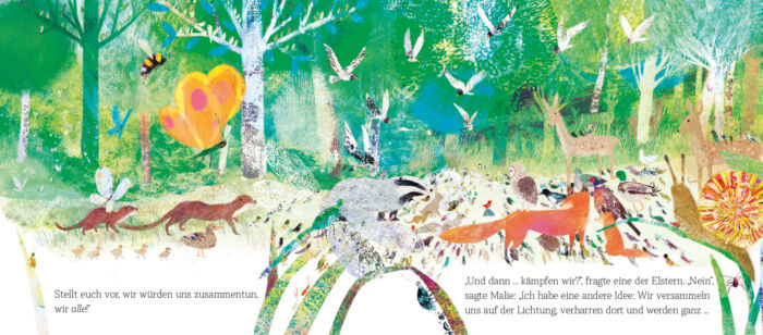 Innenseite aus dem Buch "Malie - Jede Stimme zählt": die Tiere halten zusammen.
