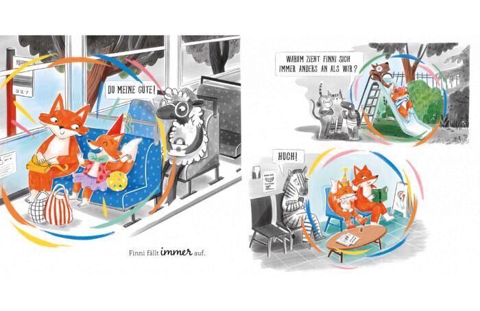 Innenseite aus dem Buch "Finni Fantastisch". Die Illustration ist teilweise farbig und teilweise schwarz-weiß, da Finni negative Kommentare von außen bekommt und Finni traurig wird und die Farben verloren gehen.