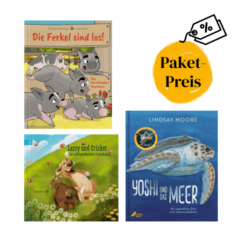 Abbildung der Cover "Die Ferkel sind los", "Larry und Cricket" und "Yoshi und das Meer" mit dem Hinweis: Paketpreis