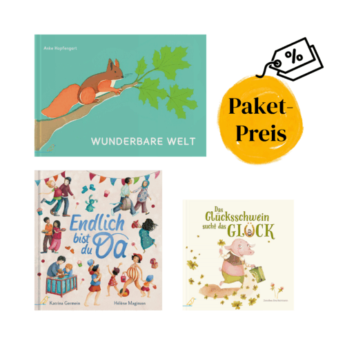 Abbildung der Cover "Wunderbare Welt", "Endlich bist du da" und "Das Glücksschwein sucht das Glück" mit dem Hinweis: Paketpreis