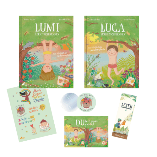 Inhalt des Aufklärungspakets: Buch "Lumi lernt sich kennen", Buch "Luca lernt sich kennen", Poster mit Affirmationen, kleiner runder Handspiegel, Lesezeichen "Lesen ist Entdecken!", Postkarte "Du bist genau richtig"