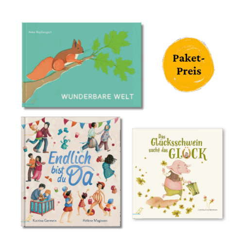 Abbildung der Cover "Wunderbare Welt", "Endlich bist du da" und "Das Glücksschwein sucht das Glück" mit dem Hinweis: Paketpreis