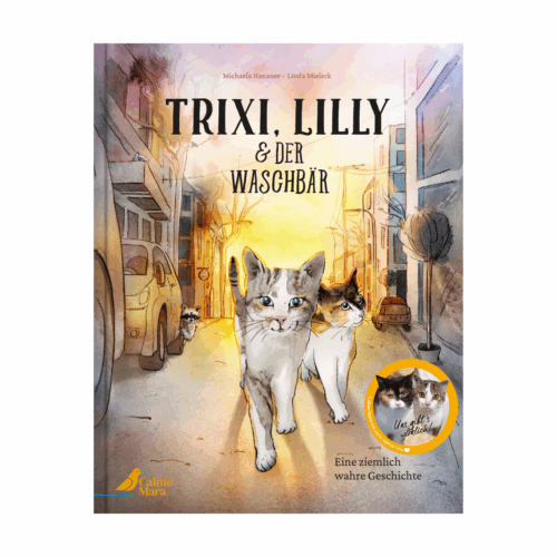 Cover des Bilderbuchs "Trixi, Lilly und der Waschbär", auf der zwei Katzen durch eine Stadtkulisse streichen