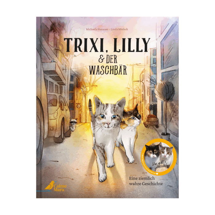 Cover des Bilderbuchs "Trixi, Lilly und der Waschbär", auf der zwei Katzen durch eine Stadtkulisse streichen