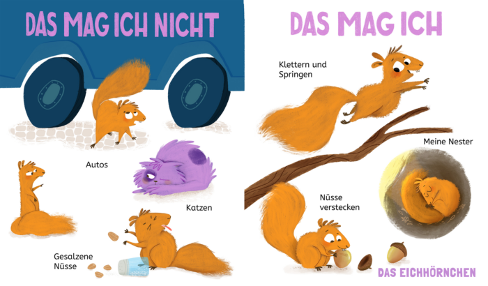 Innenseite aus dem Pappbilderbuch "Das mag ich - Das mag ich nicht" auf dem dargestellt ist, was Eichhörnchen mögen und nicht mögen