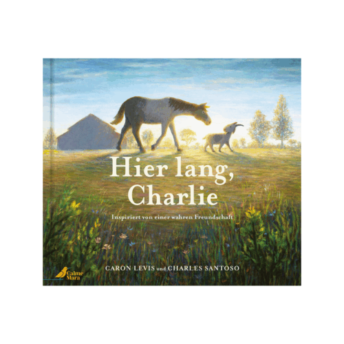Cover des Bilderbuch "Hier lang Charlie", auf dem ein Pony und eine Ziege auf einer Wiese abgebildet sin