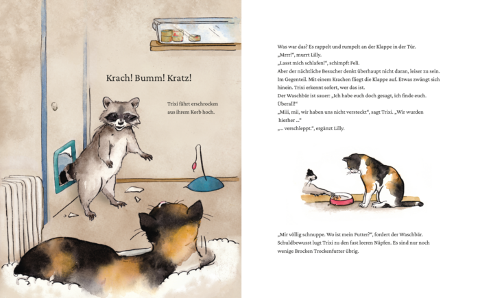Innenseite aus dem Bilderbuch "Trixi, Lilly und der Waschbär": der Waschbär findet die beiden Katzen und fordert Futter.