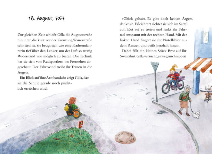 Innenseite des Titels "Diagnose Diebstahl": Text und farbige Illustration, auf der ein Kind auf dem Fahrrad auf ein Kind im Rollstuhl zufährt.
