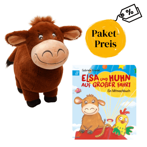 Paket mit Preisvorteil: Pappbilderbuch " Elsa und Huhn auf großer Fahrt" plus Kuschelkuh Elsa
