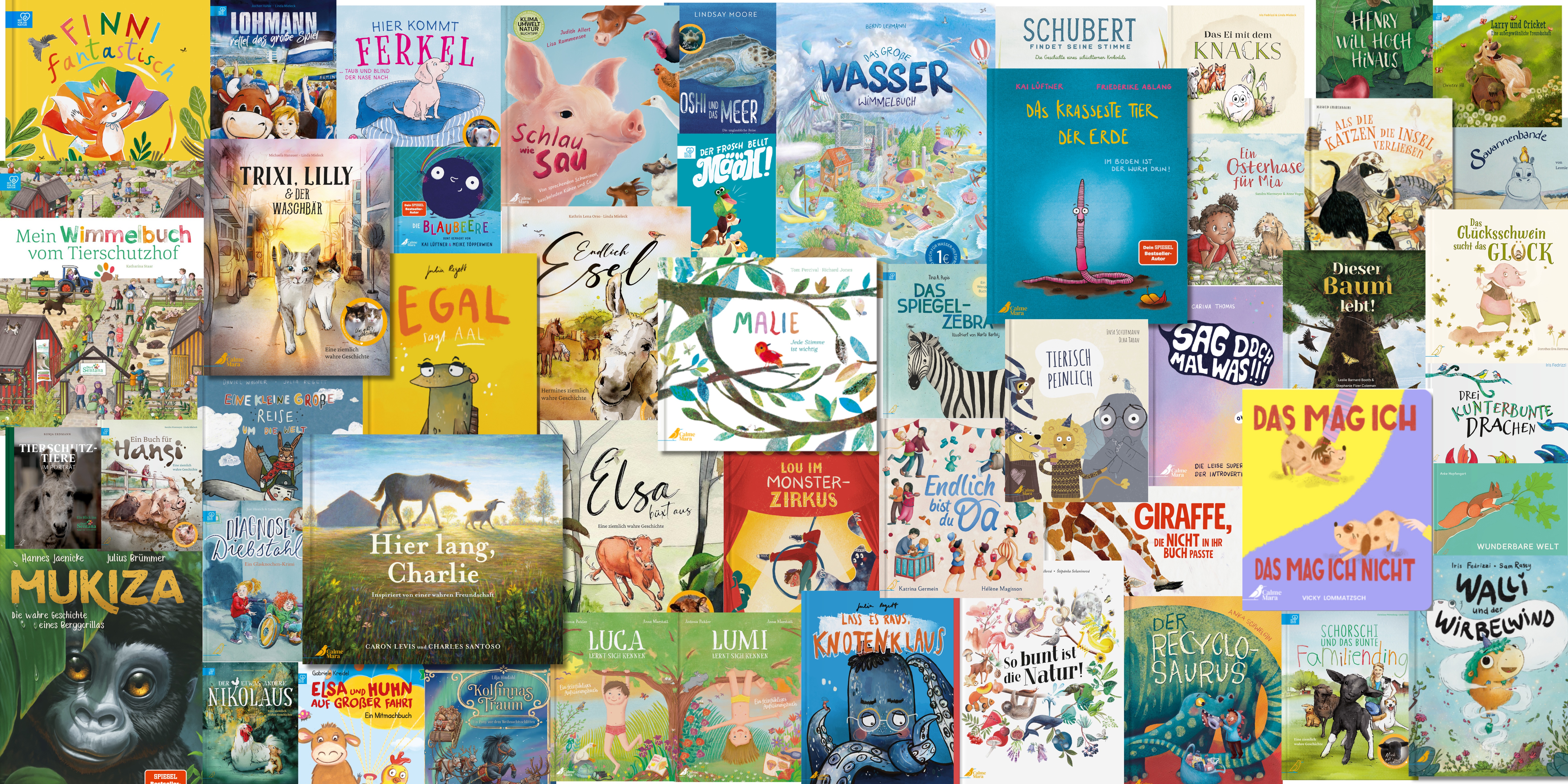 Alle Cover der Kinderbücher vom CalmeMara Verlag nebeneinander