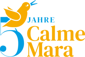 CalmeMara Verlagslogo zum Jubiläum mit einer großen 5 und dem Vogel